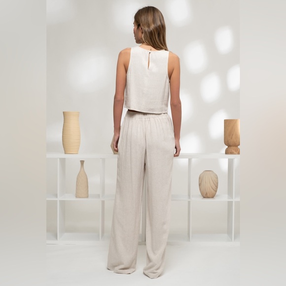 734. Round Neck Top and High Waist Wide Leg Pant Set in Oatmeal - Picture 4 of 4